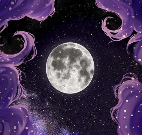 Art of the Moon surrounded by Moonlight Cookie's hair and stars.