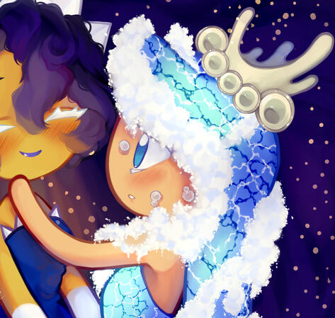 Sea Fairy Cookie blushing and holding Moonlight Cookie's face.