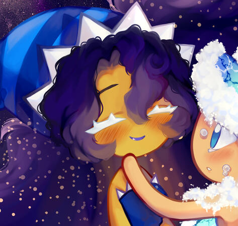 Moonlight Cookie smiling and blushing as her face is held by Sea Fairy Cookie.